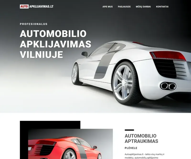 Atnaujinta Autoapklijavimas.lt svetainė: baltas automobilis ir antraštė „Automobilio apklijavimas Vilniuje“