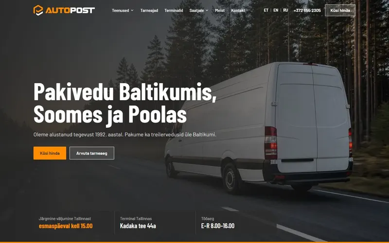 „Autopost“ – pirmas ekranas su mikroautobusu ir mygtuku „Küsi hinda“