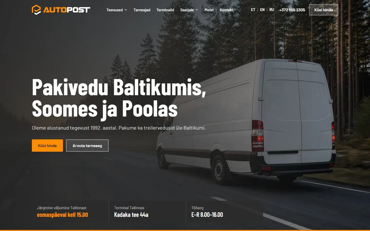 „Autopost“ – pirmas ekranas su mikroautobusu ir mygtuku „Küsi hinda“