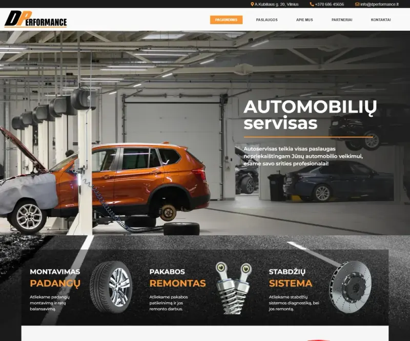 Atnaujinta DPerformance svetainė: autoserviso dirbtuvės nuotrauka ir antraštė „Automobilių servisas“