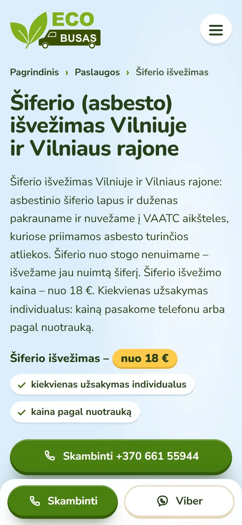 „ECO busas“ – šiferio išvežimo puslapis telefone