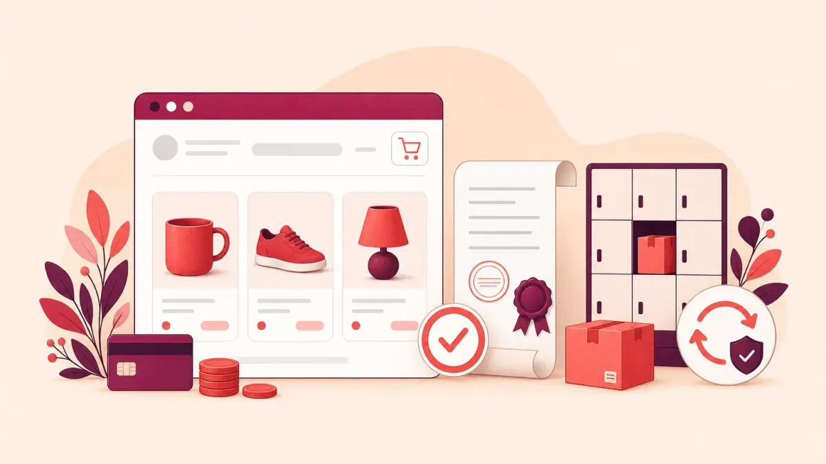 Starting an online store: illustration with a product catalogue, registration document, parcel locker and returns badge