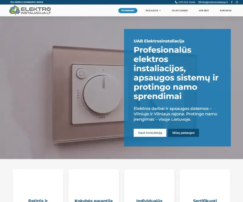 Atnaujinta elektroinstaliacija.lt svetainė: mėlynas pirmas ekranas su antrašte ir mygtukais