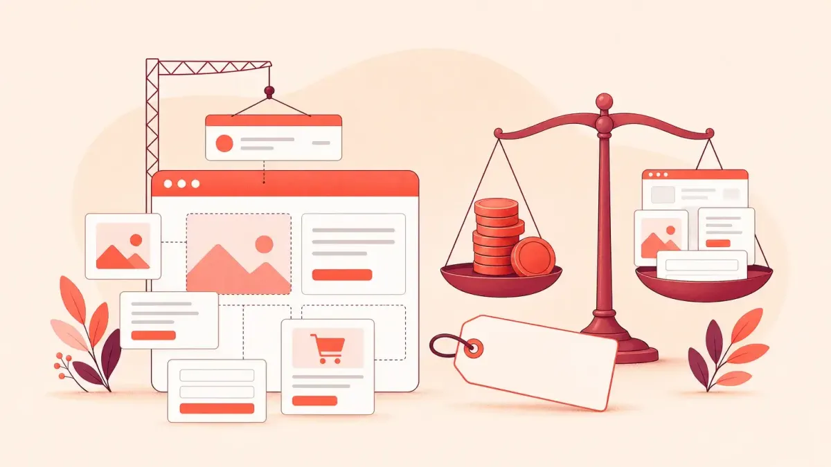 What affects website cost: illustration of a website built from blocks next to scales with coins