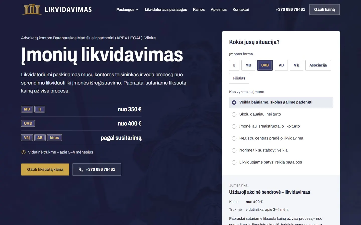 „Likvidavimas.lt“ – pirmas ekranas su kainomis pagal įmonės formą ir situacijos pasirinkimu