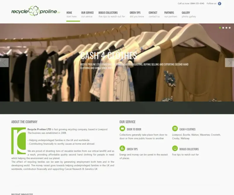 Sena Recycle Proline svetainė: žalias meniu, skaidrė „Cash 4 Clothes“ ir smulkus tekstas