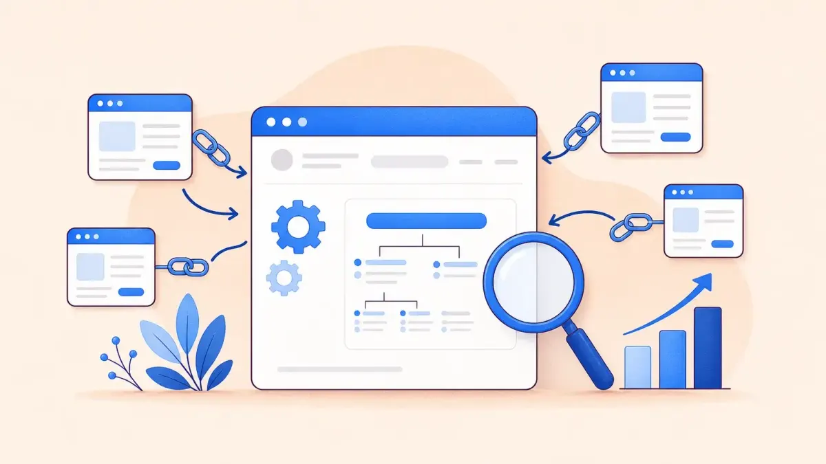 What is SEO: illustration of on-page structure, links from other websites and a rising chart